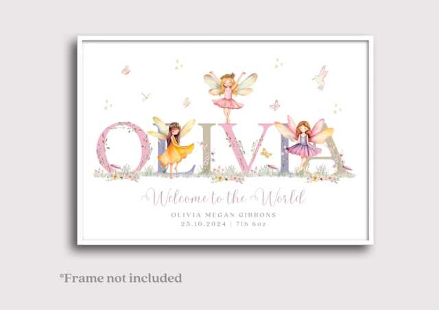 Personalized Baby Girl Name Print, Fairy Floral Nursery Decor - A4 Unframed - image 1