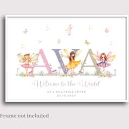 Personalized Baby Girl Name Print, Fairy Floral Nursery Decor - A4 Unframed - thumbnail 2