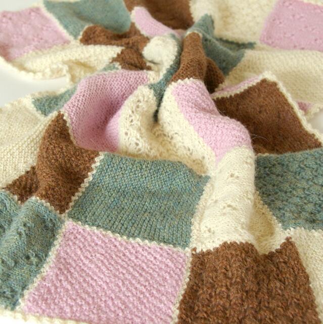 Unique Hand Knit Baby Blanket in Alpaca Wool Patchwork Design, Ready To Ship, Lace Wrap, Shower Gift, Pink Brown Green Cream - image 1