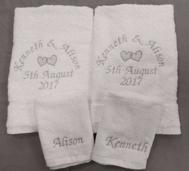 Personalised 4 Piece Wedding Towel Set With Hearts Embroidered Towels 2 Bath & Face 2nd Anniversary Gift Silver Ruby Golden Anniversary - image 1