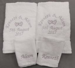 Personalised 4 Piece Wedding Towel Set With Hearts Embroidered Towels 2 Bath & Face 2nd Anniversary Gift Silver Ruby Golden Anniversary - thumbnail 1