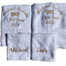 Personalised 4 Piece Wedding Towel Set With Hearts Embroidered Towels 2 Bath & Face 2nd Anniversary Gift Silver Ruby Golden Anniversary - thumbnail 2