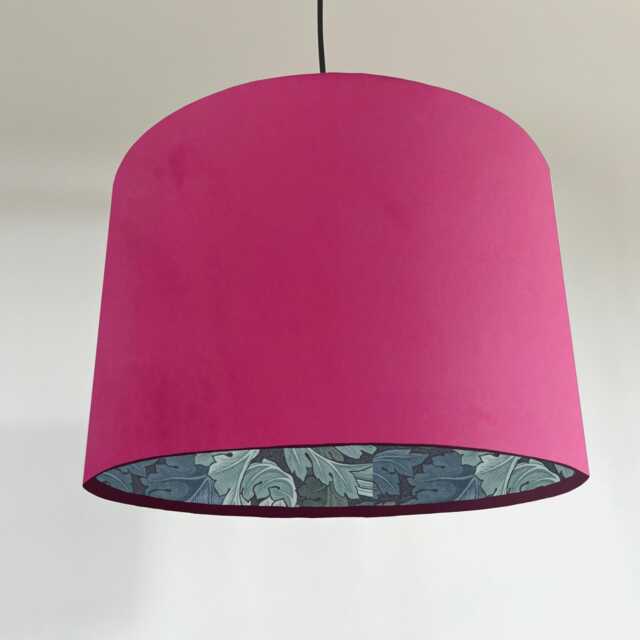 Hot Pink Velvet Drum Lampshade, Double Sided Lampshade With Blue Acanthus Leaves Paper Interior, Ceiling Light Shade, Hot Pink - image 1