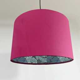 Hot Pink Velvet Drum Lampshade, Double Sided Lampshade With Blue Acanthus Leaves Paper Interior, Ceiling Light Shade, Hot Pink