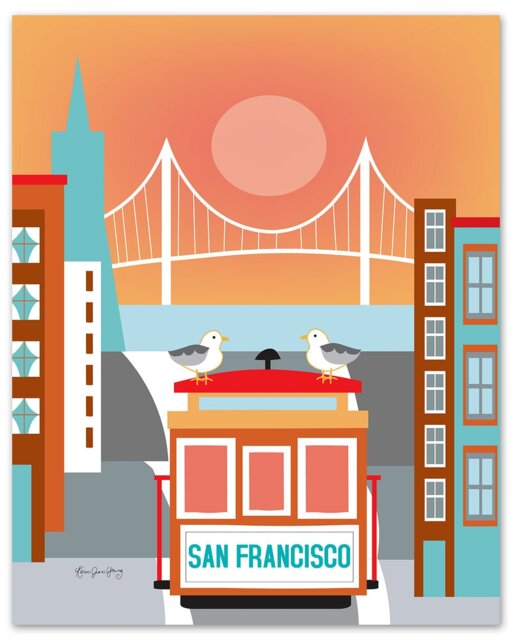 San Francisco Skyline Art Print, Cable Car Sf Vertical Print For Nursery Children's Room, Loose Petals City Print Style E8-O-Sf19 - image 1