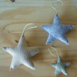 Wool Felt Star Christmas Ornaments, Set Of 3, Camel, Gray, Green - thumbnail 3
