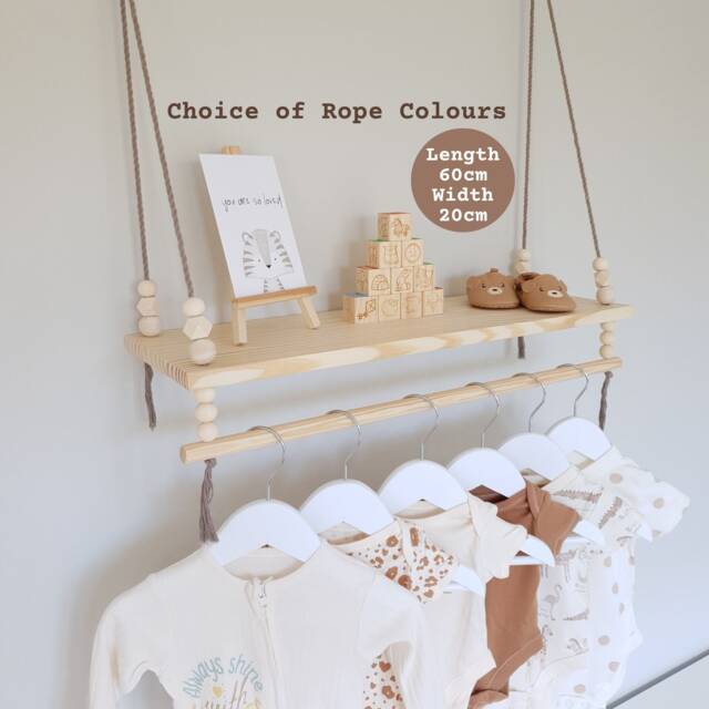Nursery Shelf With Clothes Rail, Swing Pine Shelves, Rope Shelf, Baby Decor - image 1