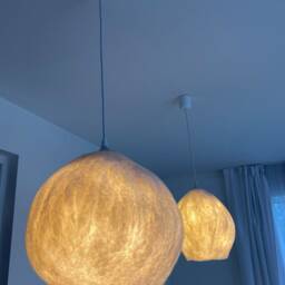 Modern Minimalist Handmade Round Lamp Shade, Natural White Wool, Artisan Design, Warm Cozy Ambiance - Serene Bedroom & Living Space Lighting - thumbnail 2