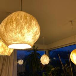 Modern Minimalist Handmade Round Lamp Shade, Natural White Wool, Artisan Design, Warm Cozy Ambiance - Serene Bedroom & Living Space Lighting - thumbnail 3