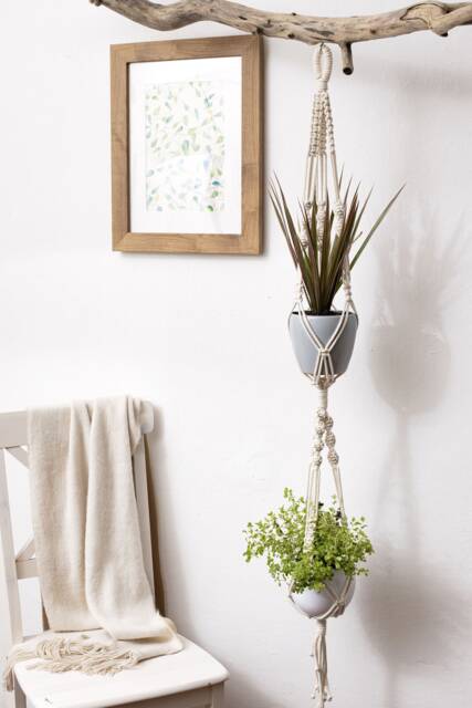 2-Tier Macrame Plant Hanger - Indoor Recycled Cotton Planter For Medium Pots - image 1