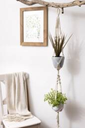 2-Tier Macrame Plant Hanger - Indoor Recycled Cotton Planter For Medium Pots