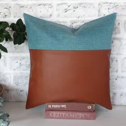 Cognac Faux Leather Pillow Cover Light Blue Linen, Modern Home Decor - 16x16'' - thumbnail 2