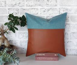 Cognac Faux Leather Pillow Cover Light Blue Linen, Modern Home Decor - 16x16''