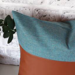 Cognac Faux Leather Pillow Cover Light Blue Linen, Modern Home Decor - 16x16'' - thumbnail 3