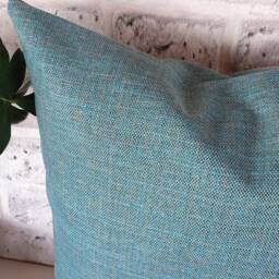 Cognac Faux Leather Pillow Cover Light Blue Linen, Modern Home Decor - 16x16'' - thumbnail 4