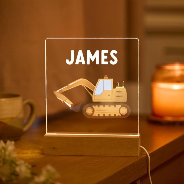 Personalised Digger Night Light Name Led Lamp Construction Theme
