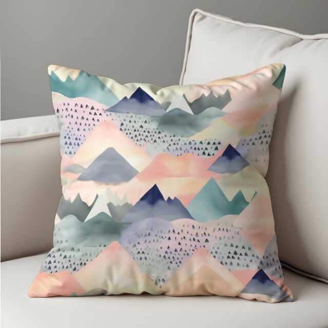 Pastel Mountain Pillow Cover, Soft Watercolor Landscape Cushion Case, Boho Nursery Decor, Blush & Mint Throw Case - image 1