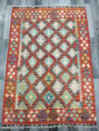 Multicolour Rug, Handmade Artisan Afghan Turkish Scandinavian Navajo Bohemian Flatweave Wool Kilim 145x101 cm - thumbnail 1
