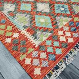 Multicolour Rug, Handmade Artisan Afghan Turkish Scandinavian Navajo Bohemian Flatweave Wool Kilim 145x101 cm - thumbnail 2