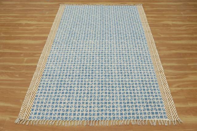 Hand Block Printed Cotton Kilim Rug - Blue Geometric Woven Runner - image 1