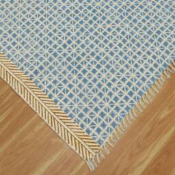 Hand Block Printed Cotton Kilim Rug - Blue Geometric Woven Runner - thumbnail 4