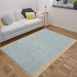 Hand Block Printed Cotton Kilim Rug - Blue Geometric Woven Runner - thumbnail 2