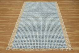 Hand Block Printed Cotton Kilim Rug - Blue Geometric Woven Runner - thumbnail 1