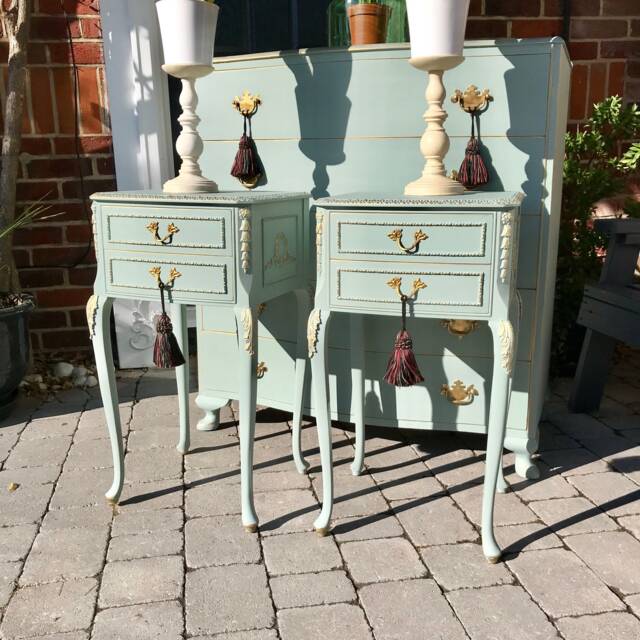 French Louis Style Bedside Tables, Annie Sloan Duck Egg, Matching Pair - image 1