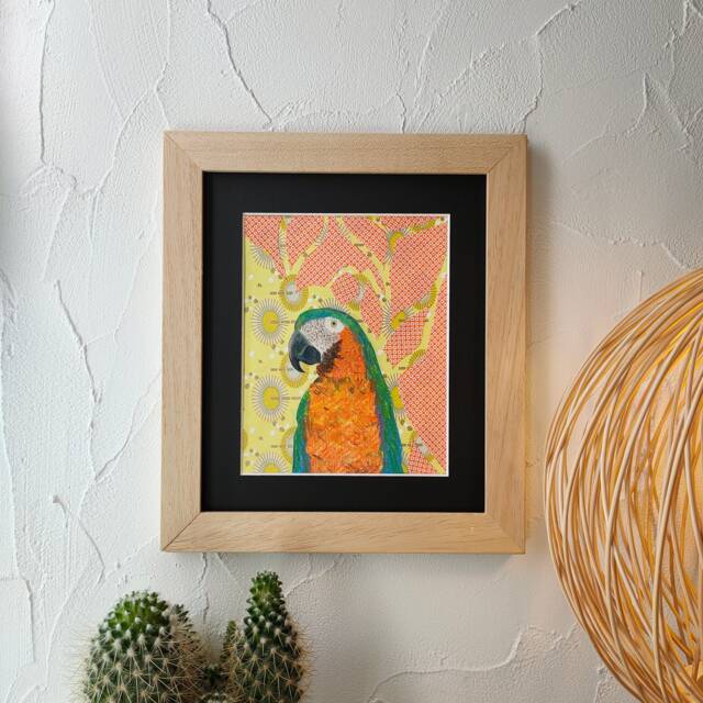Orange Lemon Parrot Table With Dry Pastel & Handmade Japanese Paper - image 1