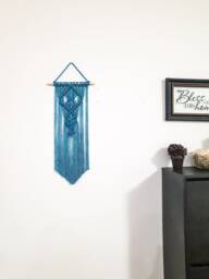 Teal Macrame Wall Hanging Small Boho Woven Tapestry - thumbnail 1