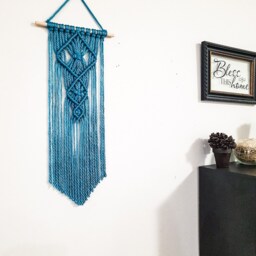 Teal Macrame Wall Hanging Small Boho Woven Tapestry - thumbnail 3