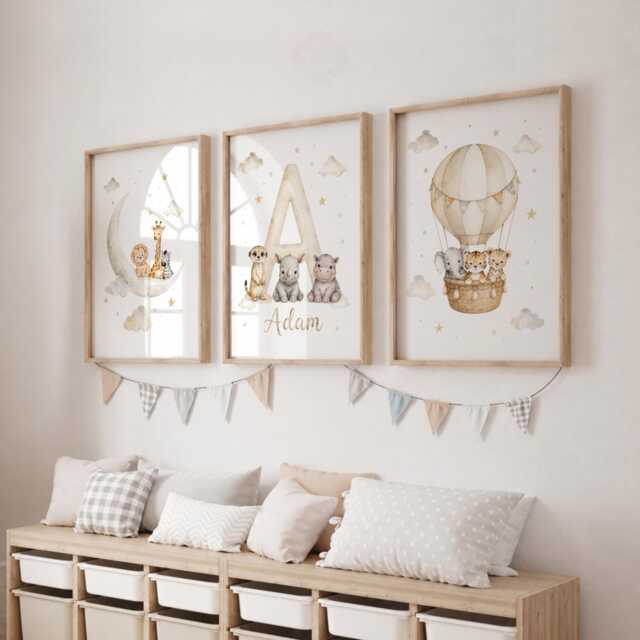 Air Balloon Animal Prints - Set Of 3 Safari Themed Room Wall Art, Neutral Theme - image 1