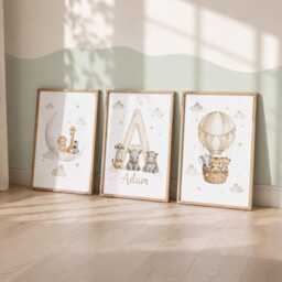 Air Balloon Animal Prints - Set Of 3 Safari Themed Room Wall Art, Neutral Theme - thumbnail 3