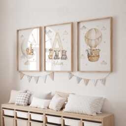 Air Balloon Animal Prints - Set Of 3 Safari Themed Room Wall Art, Neutral Theme