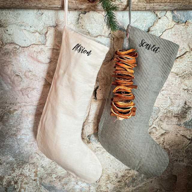 Christmas Stocking, Handmade Personalized Embroidered Linen Stocking Farm House Family Gift - image 1