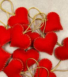 Red Felt Handmade Hearts Set Of 12, Christmas Tree Ornaments, Valentine's