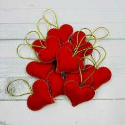 Red Felt Handmade Hearts Set Of 12, Christmas Tree Ornaments, Valentine's - thumbnail 3
