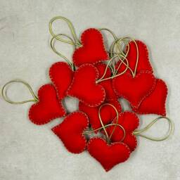 Red Felt Handmade Hearts Set Of 12, Christmas Tree Ornaments, Valentine's - thumbnail 2