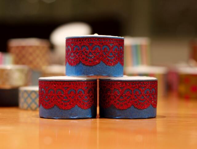 3 Extra-Tall Tea Light Candles Decorated With Matt Blue & Glittery Pink Lace Washi Tape - image 1