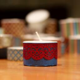 3 Extra-Tall Tea Light Candles Decorated With Matt Blue & Glittery Pink Lace Washi Tape - thumbnail 2