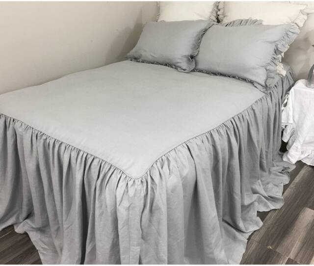 Coin Grey Linen Bedspread, Gray Bed Cover With Ruffle Fall, Shabby Chic, Custom Size Drop Length For All - image 1