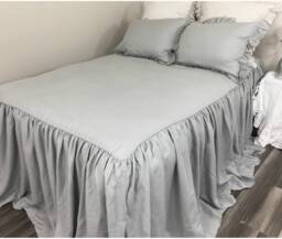 Coin Grey Linen Bedspread, Gray Bed Cover With Ruffle Fall, Shabby Chic, Custom Size Drop Length For All