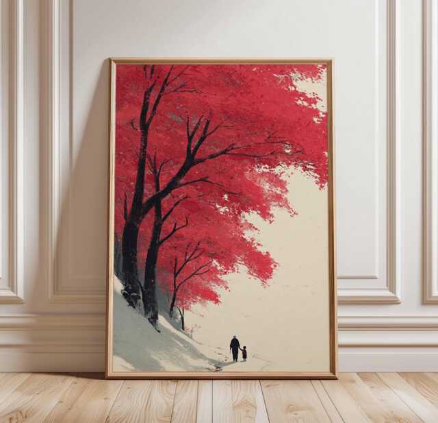 Red Tree Poster Japanese Autumn Forest Wall Art - Minimalist Landscape Print With Parent & Child For Home Decor Unframed