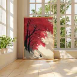 Red Tree Poster Japanese Autumn Forest Wall Art - Minimalist Landscape Print With Parent & Child For Home Decor Unframed - thumbnail 3