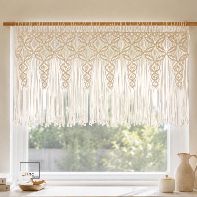 Macrame Window Valance, Boho Kitchen Curtain, Farmhouse Treatment, Handmade Cotton Rustic Decor, Privacy Cover - image 1