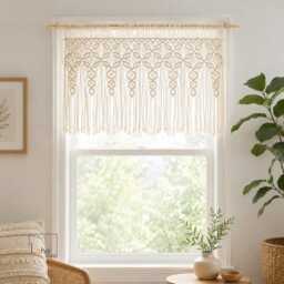 Macrame Window Valance, Boho Kitchen Curtain, Farmhouse Treatment, Handmade Cotton Rustic Decor, Privacy Cover - thumbnail 2
