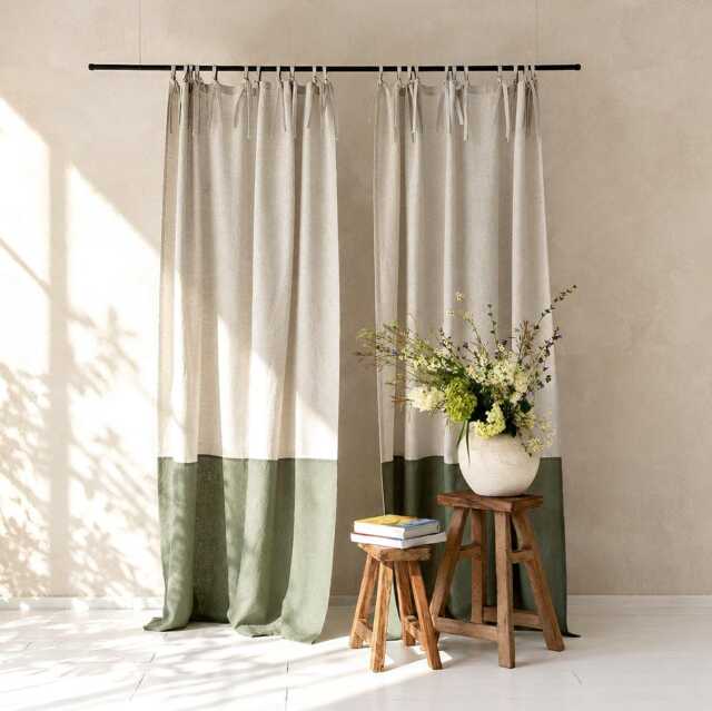 Linen Color Block Curtain With Tie Tops Blackout Or Privacy Lining Custom Sizes & Colors - image 1