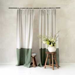 Linen Color Block Curtain With Tie Tops Blackout Or Privacy Lining Custom Sizes & Colors - thumbnail 2