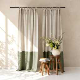 Linen Color Block Curtain With Tie Tops Blackout Or Privacy Lining Custom Sizes & Colors - thumbnail 1