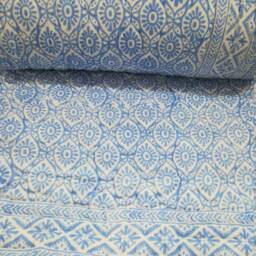 Reversible Cotton Kantha Quilt Blue Floral Hand Block Print Bedding - thumbnail 2